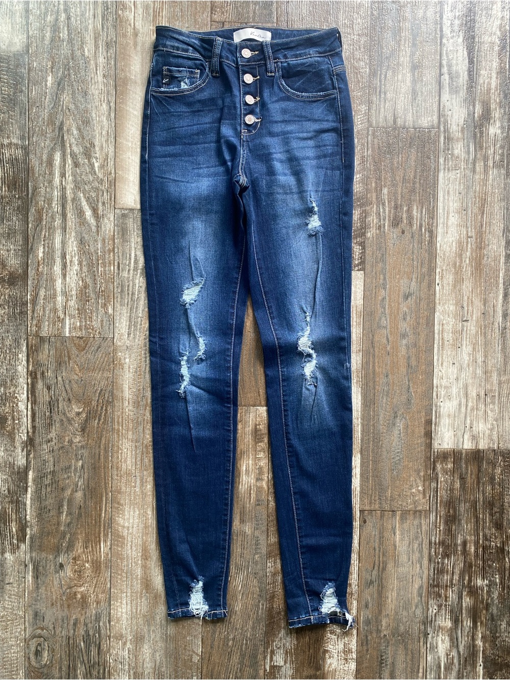 KanCan Dark Blue Distressed Button-Fly Skinny Jeans